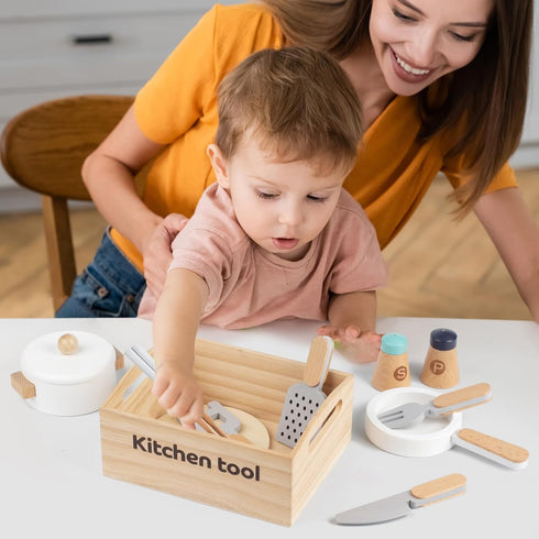 10 Sets, 3+, PCS Wooden Play Kitchen Toys Utensils Accessories, Pretend Play Pots and Pans Montessori Cooking Learning