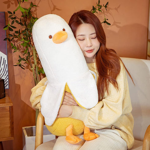 12" PEACH CAT Banana Duck Plush Toy Cute Plushie Hugging Plush Pillow Duck Stuffed Animal for Girls and Boys White