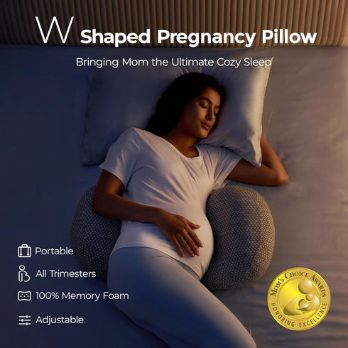Momcozy Memory Foam Portable Pregnancy Pillow W Shaped Maternity Great Support for Side Sleepers, Adjustable Travel
