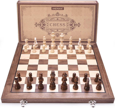 15 Inches Set 2 AMEROUS Magnetic Wooden Chess with Extra Queens/Folding Board/Chess Pieces Storage Slots/Instructions