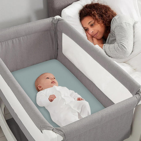 2 Pack, 100% Muslin Bassinet Fitted Sheets Cotton Baby Cradle Sheets in Solid Green & Gray, Soft Breathable Mattress