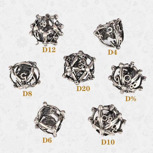 UBEUCK 7PCS Skull and Dragon Metal DND Dice Set for Dungeons & Dragons, Multi-Faceted RPG (Antique Nickel)