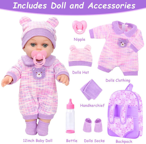 XFEYUE 12'' Backpack Backpack, 3+ Baby Doll with Bear Pattern in Gift Box,Including Clothes Accessories, Baby Bottle
