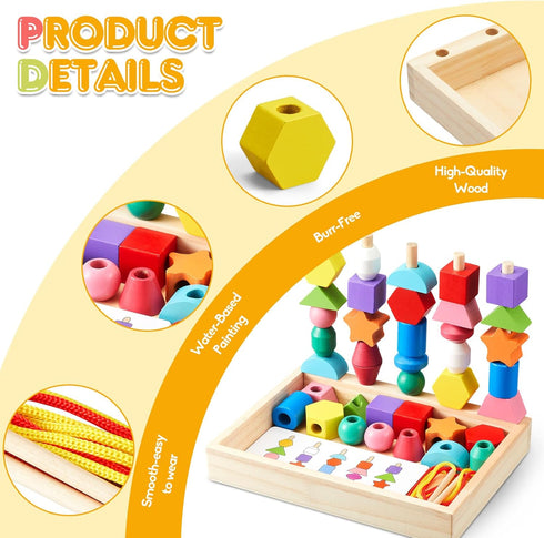 Montessori Preschool Educational Wooden Toys for Toddlers, Lacing Beads & Stacking Blocks Gifts for Kids