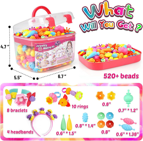 FUNZBO 520+ Snap Pop Beads - Beads for Jewelry Making Kit, Arts and Crafts Supplies, Toys for Girls, Kids Crafts, 4 Year Old Girl Birthday Gifts, Crafts for Kids Ages 4-8, Crafts for Girls Ages 6-8