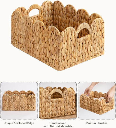 2 Pack StorageWorks Scalloped Edge Wicker Basket, Hand-woven Rattan Baskets with Built-in Handles, Water Hyacinth