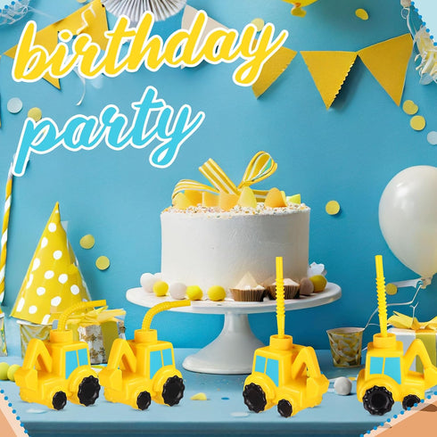 12 Set 10 oz Tanlade Excavator Truck Cups with Straws, Tractor Birthday Party Decorations Plastic Excavator Shape Cup