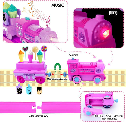 Sets 3D 3-5 Pink Classic Train for Toddlers|Musical Electric Train Toys with DIY Ice Cream Truck Foam Puzzles Party