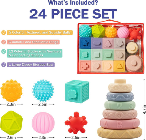 Jyusmile Baby Toys for 6-12 Months, Montessori Stacking Blocks, Soft Teething Toys & Sensory Balls