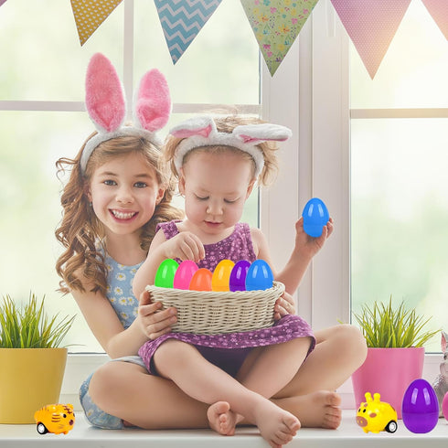 12PCS Easter Eggs Filled with Pull Back Car Toys, Easter Basket Stuffer for Toddler Boy Girl, Plastic Easter Eggs