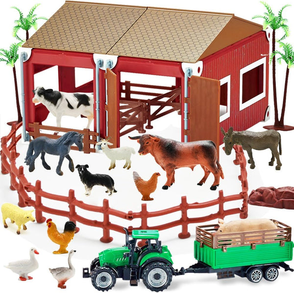 BOLZRA Mini Barn Farm Toys Playset, 66PCS Plastic Animals Figurines and Fence, Farmer Vehicle Toy Truck with Trailer