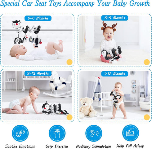 Car Seat Toys for Babies 0-6 Months, Black and White Spiral Toys for Infant, High Contrast Stroller Toys