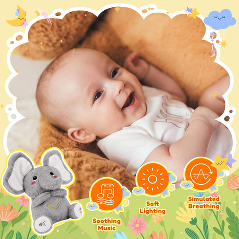 BRICHOEE Breathing Stuffed Animal, Soothing Elephant Stuffed Animal with Moving Ears, Breathing Motion, Calming Sound
