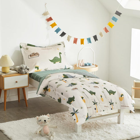 Joyreap 4 Set, Set, Piece Dinosaur Toddler Bedding Cotton Toddler Comforter Sheet Green Dinosaurs Print on White Design
