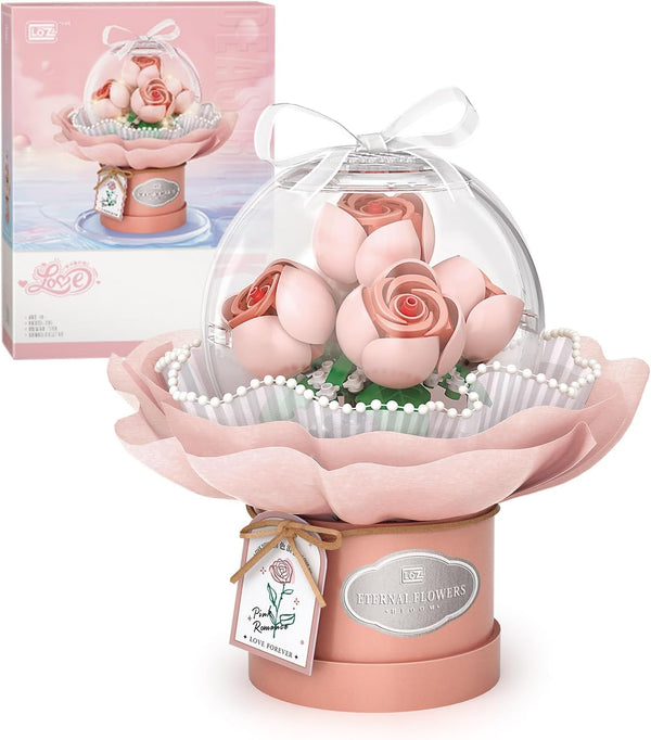 Flower Building Blocks Set with Dust-Proof Dome, Simulation Bouquet for Valentine's Day Home Decor