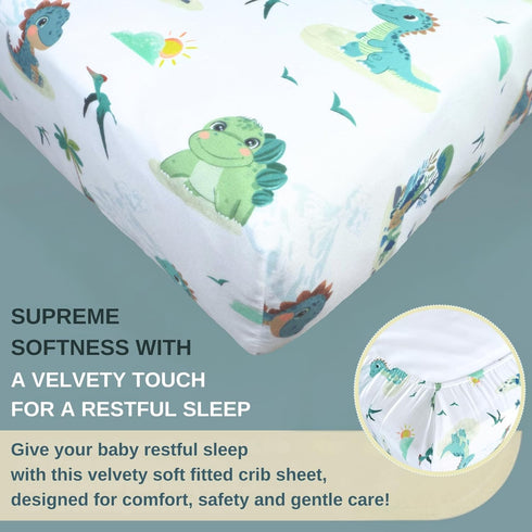 TrenD'Lay 4 set set Piece - Includes Comforter, Fitted sheet, Crib skirt and Bib. Unisex Baby Dinosaurs Crib bedding