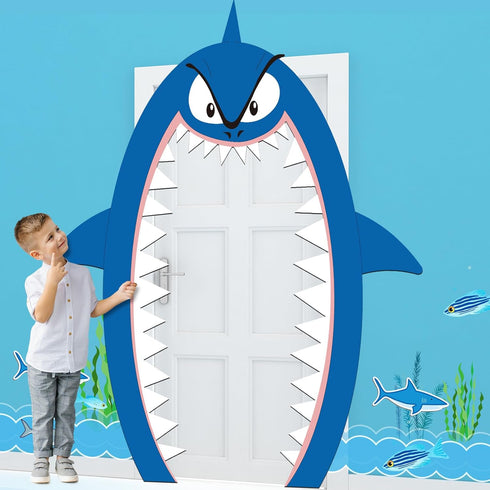 Preboun Shark Party Decorations - 69 x 96 Sign Door Backdrop Birthday Baby Shower Banner for Ocean Theme Supplies