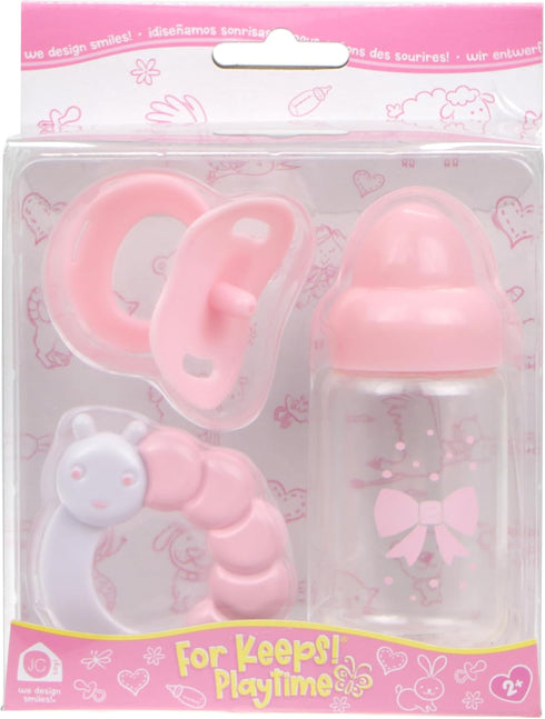 Set 15" 2+ Pink Baby Doll Bottle, Rattle & Pacifier | JC Toys - for Keeps Playtime! | Fits Many Dolls up to | Play