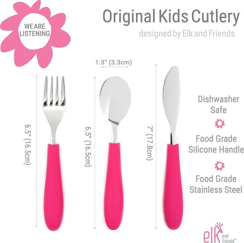 Elk and Friends Kids Silverware Set, Safe Flatware with Silicone Handle, Spoon + Fork + Knife, 6 Pieces