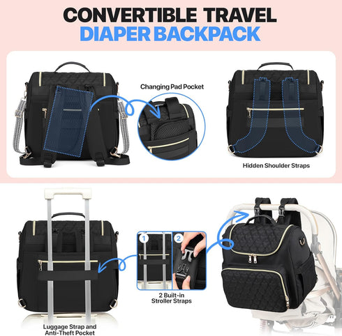Xocvji Backpack 4 1 Diaper Bag with Changing Pad, Crossbody in Convertible Baby Bag with Insulated Pockets and Stroller