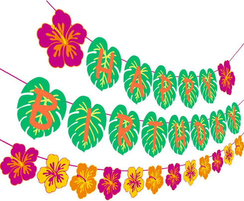 Hawaiian Party Happy Birthday Banner for Tropical Luau Party Decorations with Palm Leaf