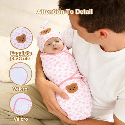0-3 Set Organic Cotton Baby Swaddle Sleep Sack Months - w/Swaddle Blanket, Hat & Headband, Soft Breathable