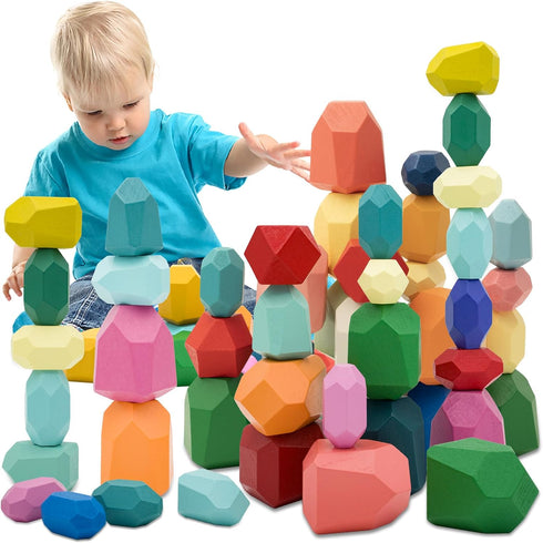 MEGRANATE 39PCS Montessori Wooden Stacking Rocks Toys Colorful Stacking Stones Building Blocks Games