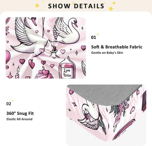 CZXW 52" 28" Swan Valentines Love Crib Sheets Fitted x Natural Cotton Soft & Breathable for Baby Crib Mattress