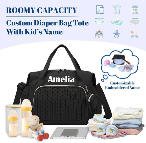 Personalized Diaper Bag Tote with Name, Custom Baby Bag with Changing Pad and Pacifier Case, Maternity Travel Bag