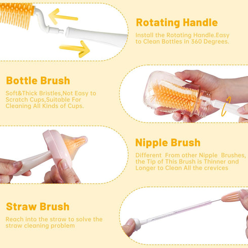 Koumolar Set,Travel Bottle Brush Bottle Cleaner Kit with Baby Bottle Brush,UV Light,Straw Brush,Nipple Brush,Bottle