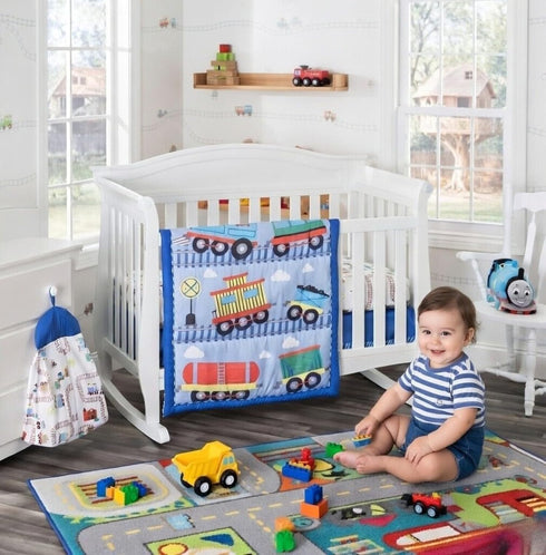 4 Set Set Set EVERYDAY KIDS Piece Boys Crib Bedding - Choo Choo Train - Includes Quilt, Fitted Sheet, Dust Ruffle