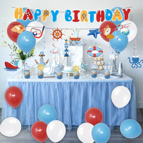 PRATYUS Nautical Party Decorations for Boys, Girls, Adults - Anchor Sailboat Theme Supplies with Banner, Cake Topper,