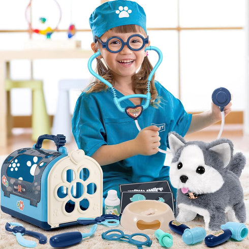 22Pcs Playset 3 4 5 6+ Dog Toys for Kids Vet Doctor Kit,Walking Barking Electronic Interactive Husky Dog