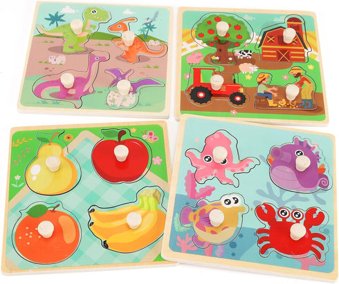 Wooden Peg Puzzles for Toddlers 1-3, Educational Preschool Peg Puzzle Toy, Set of 4 - Farm, Dinosaur, Fruit and Marine