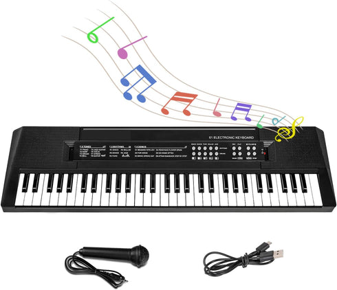 M SANMERSEN Kids Music Piano Keyboard, 61 Keys with Microphone, Portable Teaching Toy for Ages 3-12, Black