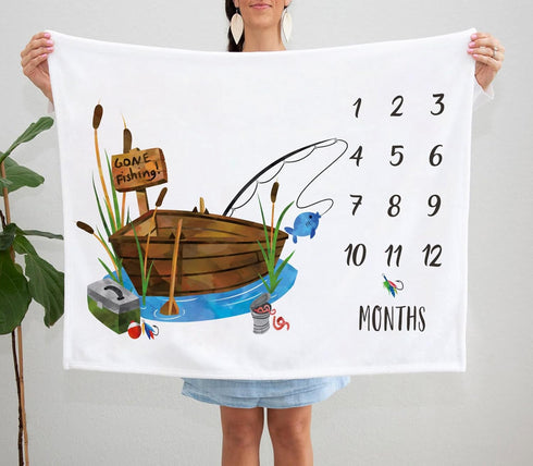 Fishing Baby Milestone Blanket with Birth Stat Sign, Monthly Growth Chart for New Moms Baby Shower