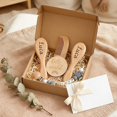Set Personalized Wooden Baby Hair Brush and Comb Bristles,Personalized Pacifier Clip with Name Newborn Baby Gift
