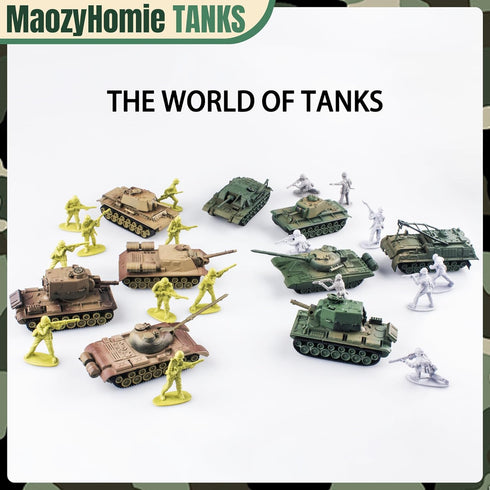 1:72 US Army Tank & Army Men Toys Playset, 2pc US Tank-7 Models, 10pc Toy Soldiers, Desert Tan & Olive Drab Green