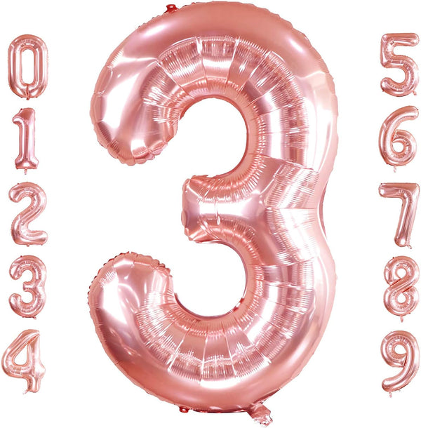40 Inch Large Rose Gold Number 3 Balloon, Jumbo Mylar Foil Helium Balloon for Birthday Party