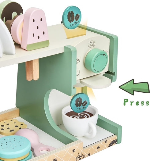medoga 3-in-1 Counter 28 3 4 5 6 Wooden Ice Cream Toy, Ice Cream with Coffee Maker PCS Toddler Pretend Play Kitchen