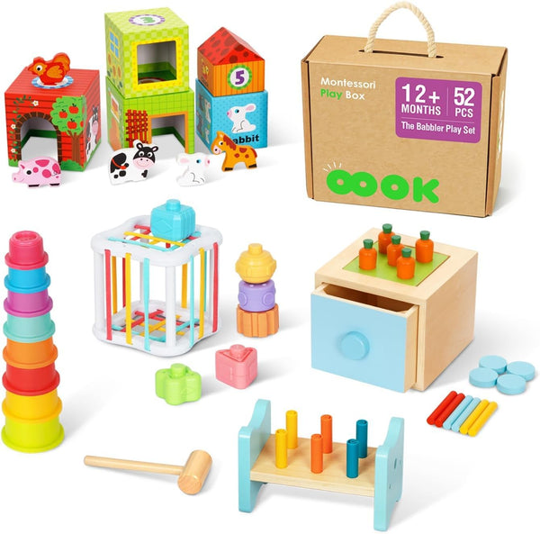 Montessori Toys for 1 Year Old - 7 in 1 Learning Educational Kit with Sensory Bin, Nesting Box, and Stacking Cups