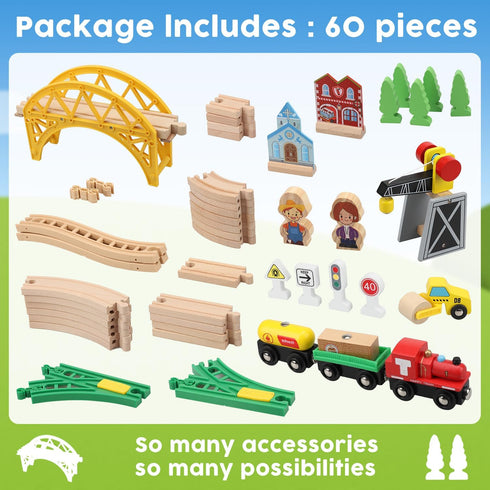 TOY Life Train Set 60pcs Wooden Train Set with Crane, Tracks for Toddlers 3-5, Fits Thomas Brio Melissa
