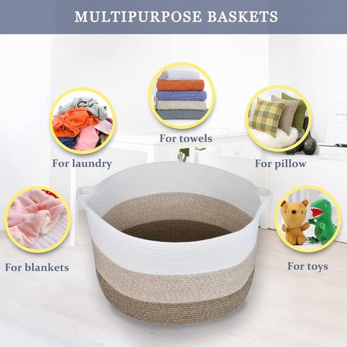 Extra Large Blanket Basket 87L - Cotton Rope Laundry Basket for Baby Nursery, Large Clothes Basket, White & Brown