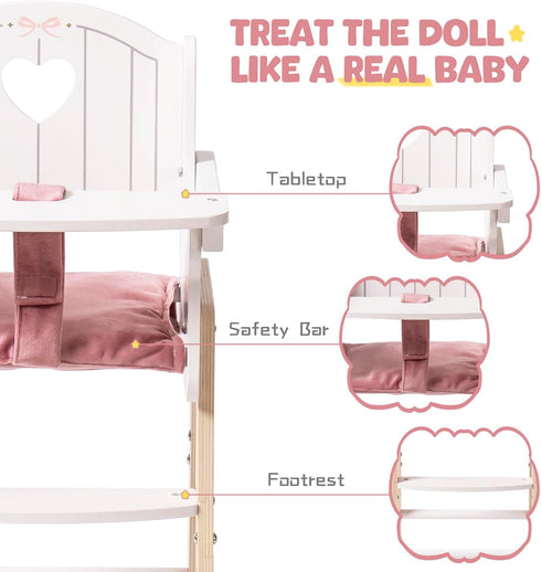 18-20 Inch ROBUD Play High Chair, Pretend Play High Chair with Cushion, Movable Table, Wooden Baby Doll Accessories