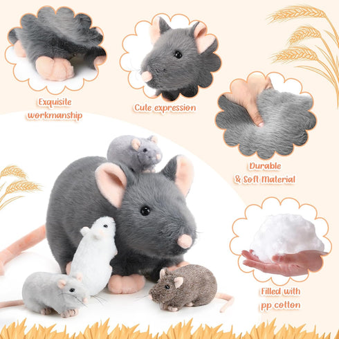 5 Pcs Mouse Stuffed Animals Set - 14'' Large Mommy Rat Plush with 4 Small Mouse Babies for Kids Birthday