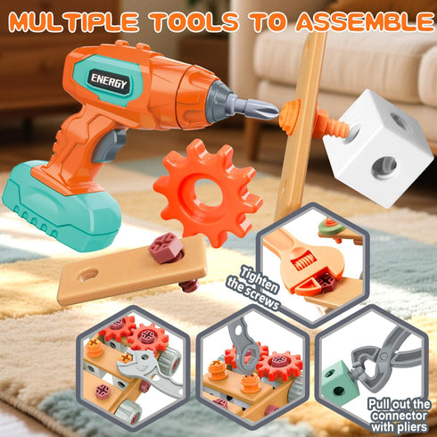 Set Drill,155Pcs Set Toolbox,STEM 3 4 5 3-5 Kids Tool with Toddler Tool with Montessori Toys for Year Old,Pretend Play