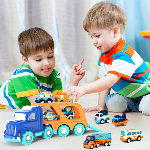 9 Pack Cars Toys for Toddlers 2-5 Years, Big Transport Truck with 8 Small Pull Back Trucks, Carrier Truck with Sound