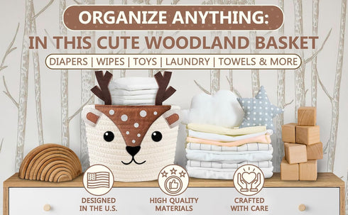 100% Cute Deer Cotton Rope Baby Laundry Basket for Boys & Girls, Woodland Nursery Decor, Nursery Storage Basket