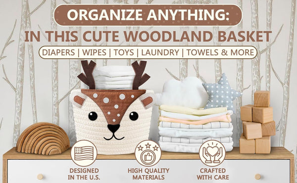 100% Cute Deer Cotton Rope Baby Laundry Basket for Boys & Girls, Woodland Nursery Decor, Nursery Storage Basket