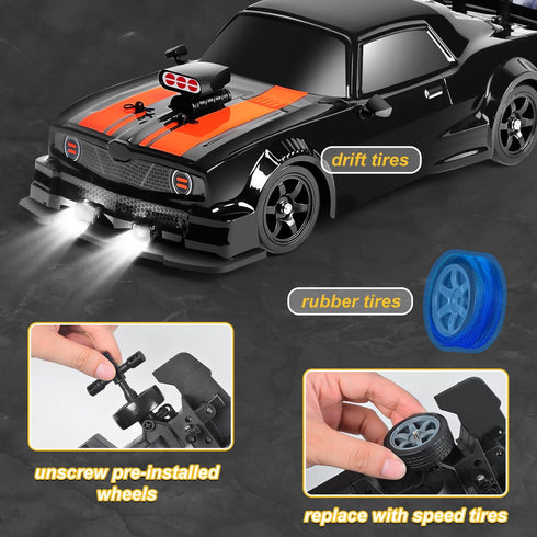 2.4GHz 1:16 4WD 18KM/H 2 Fistone RC Drift Car Scale High Speed Remote Control Car with LED Lights, Batteries and Rubber